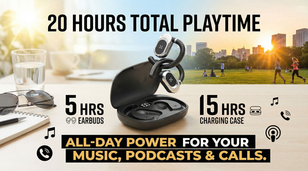 Słuchawki powietrzne XMUSIC XWS550K Reklama słuchawek bezprzewodowych na biurku. Na pierwszym planie otwarte etui ładujące ze słuchawkami i wskaźnikiem 100%. Obok leżą okulary przeciwsłoneczne, długopis i szklanka wody. W tle rozmyta panorama miasta o zachodzie słońca i ludzie na trawniku. Napisy: 20 HOURS TOTAL PLAYTIME, 5 HRS EARBUDS, 15 HRS CHARGING CASE oraz ALL-DAY POWER FOR YOUR MUSIC, PODCASTS & CALLS. z ikonami.