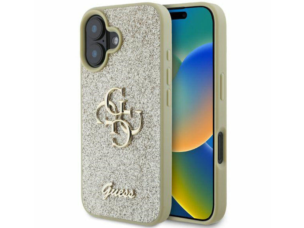 Etui GUESS Fixed Glitter Big funkcjonalność migoczącego brokatu Złote metalowe vintage duże logo 4G