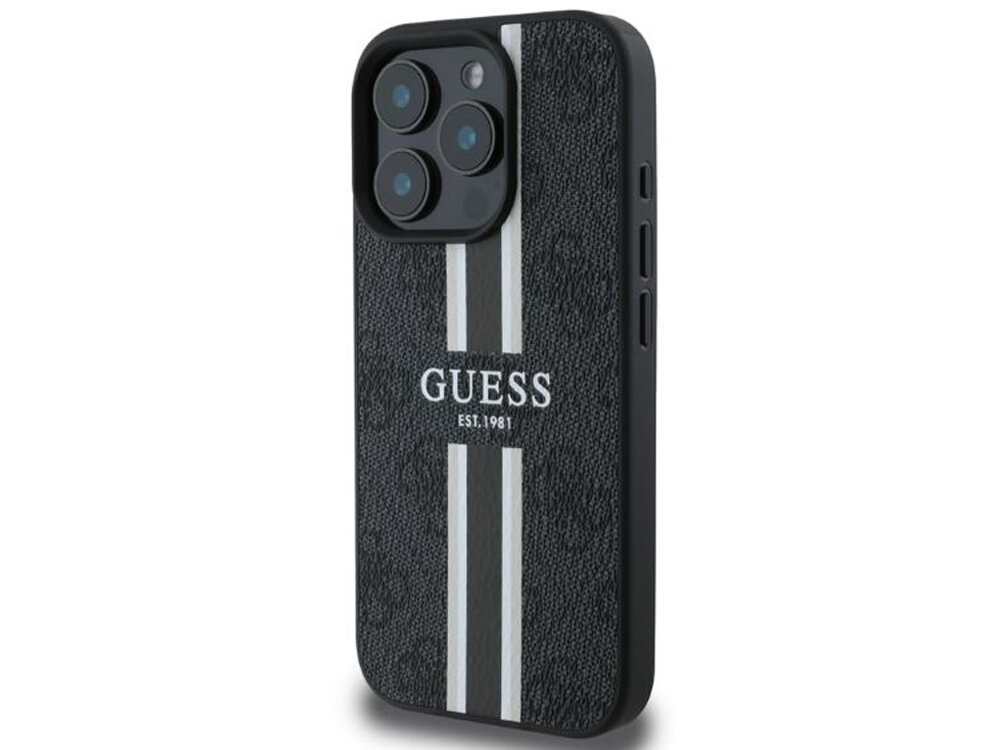 Etui Guess 4G Printed Stripes MagSafe ochronę telefonu Elastyczne boki amortyzując upadki podniesione krawędzie pełen dostęp do portów i przycisków