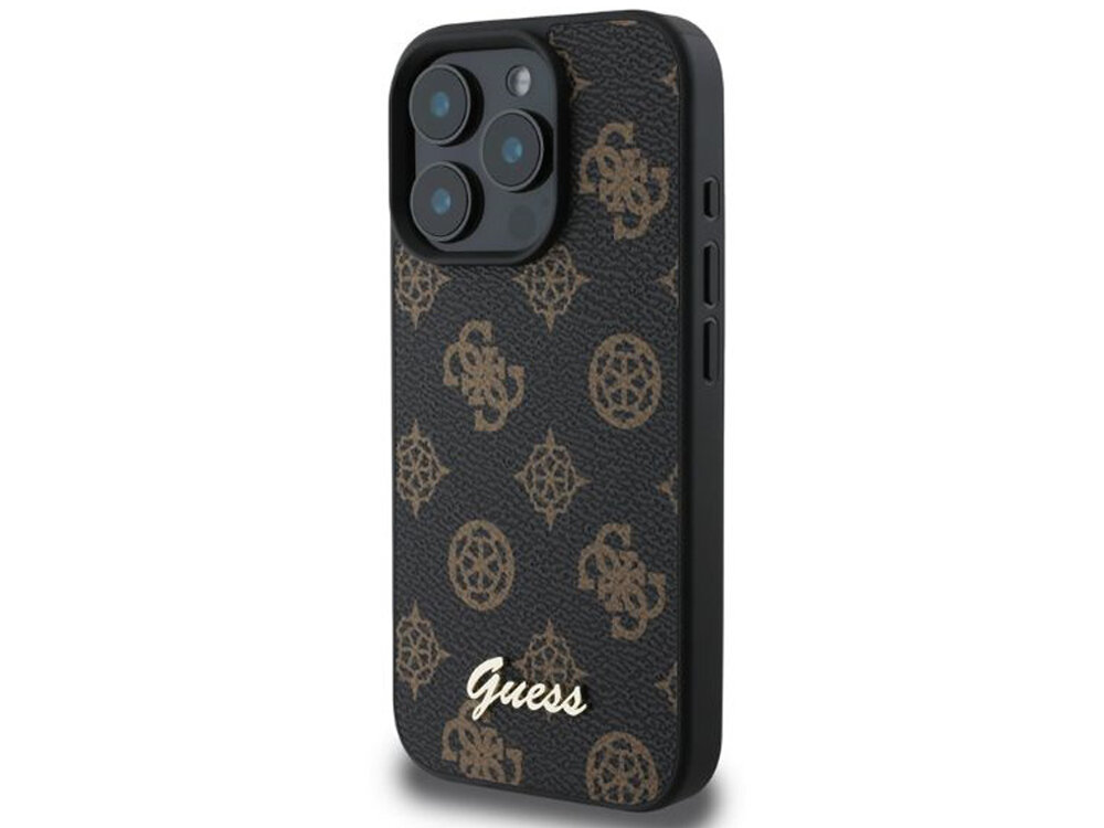 Etui GUESS Peony Script delikatną skórą ekologiczną emblematami Guess złotą naszywką skuteczną ochronę elastyczne boki