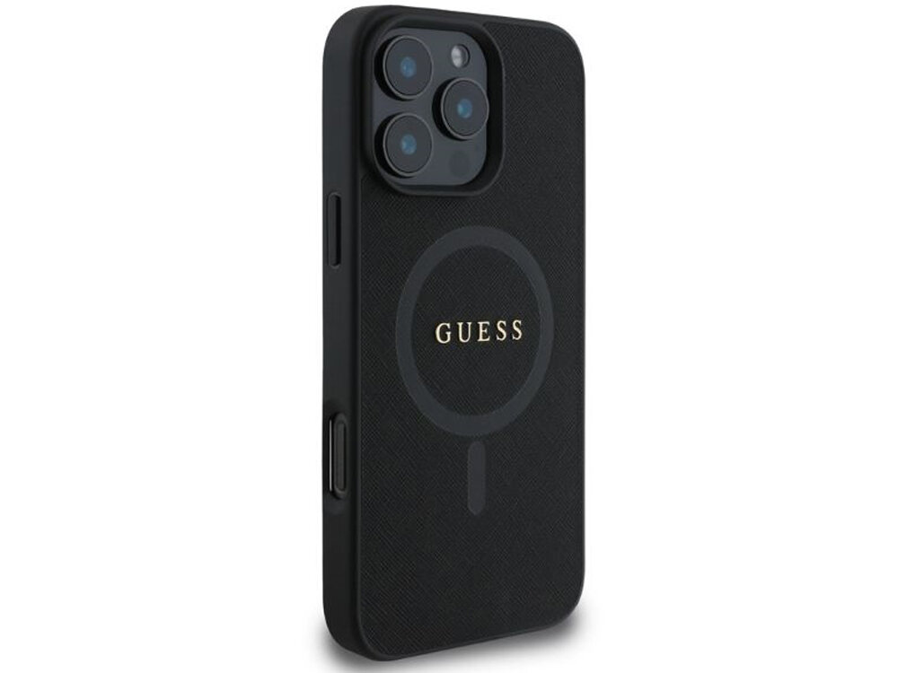 Etui GUESS Saffiano Classic delikatną skórą ekologiczną strukturze saffiano złote logo ochrania telefon Podniesione krawędzie