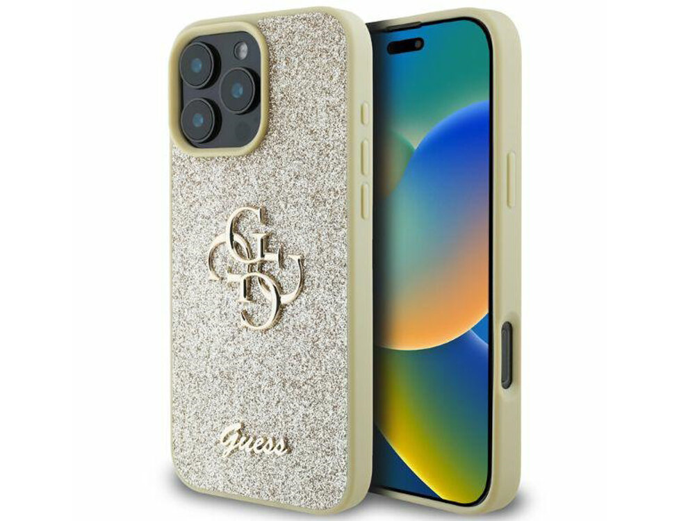 Etui GUESS Fixed Glitter Big funkcjonalność migoczącego brokatu Złote metalowe vintage duże logo 4G