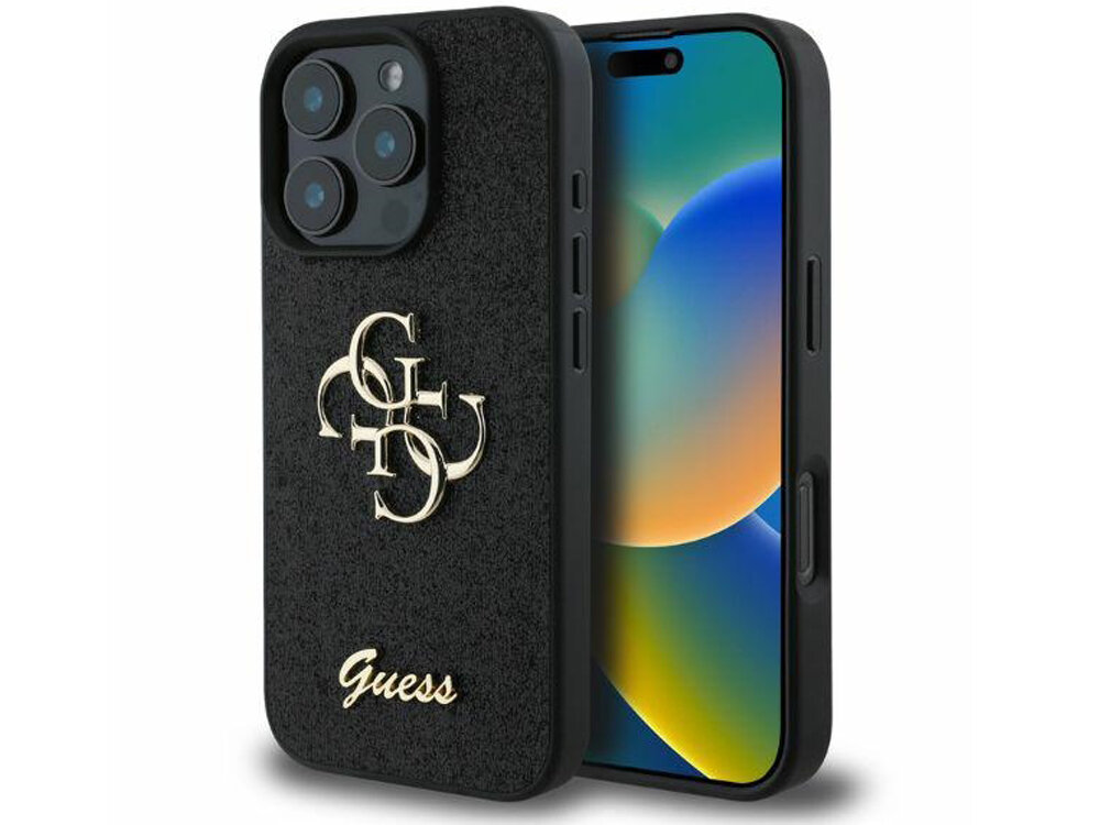 Etui GUESS Fixed Glitter Big funkcjonalność migoczącego brokatu Złote metalowe vintage duże logo 4G