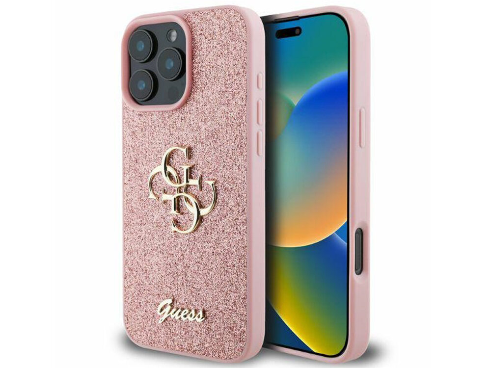 Etui GUESS Fixed Glitter Big funkcjonalność migoczącego brokatu Złote metalowe vintage duże logo 4G