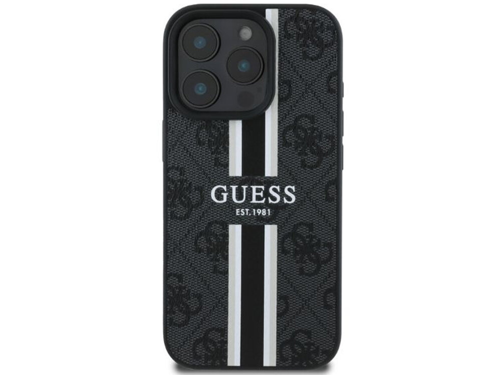 Etui Guess 4G Printed Stripes MagSafe ochronę telefonu Elastyczne boki amortyzując upadki podniesione krawędzie pełen dostęp do portów i przycisków