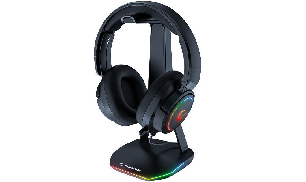 RAMPAGE Tower T14 Stojak na słuchawki, gamingowy RGB, hub 2x USB, czarny wygodne przechowywanie zawsze pod ręką stabilna konstrukcja łatwe szybkie użycie funkcjonalność troska o dobry stan akcesoriów