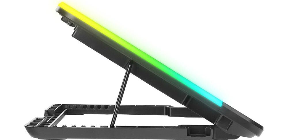 Podstawka chłodząca RAMPAGE Sixpower R9ramie na telefon do laptopów do 15,6 cala wymiary 255 x 360 x 28 mm prędkość wentylatora 2600 obrotów na minutę sześć wentylatorów 60 x 60 x 15 mm skuteczne chłodzenie stabilne wsparcie 2 porty USB ramię na telefon ustawienie w optymalnej pozycji praca z laptopem i telefonem jednocześnie