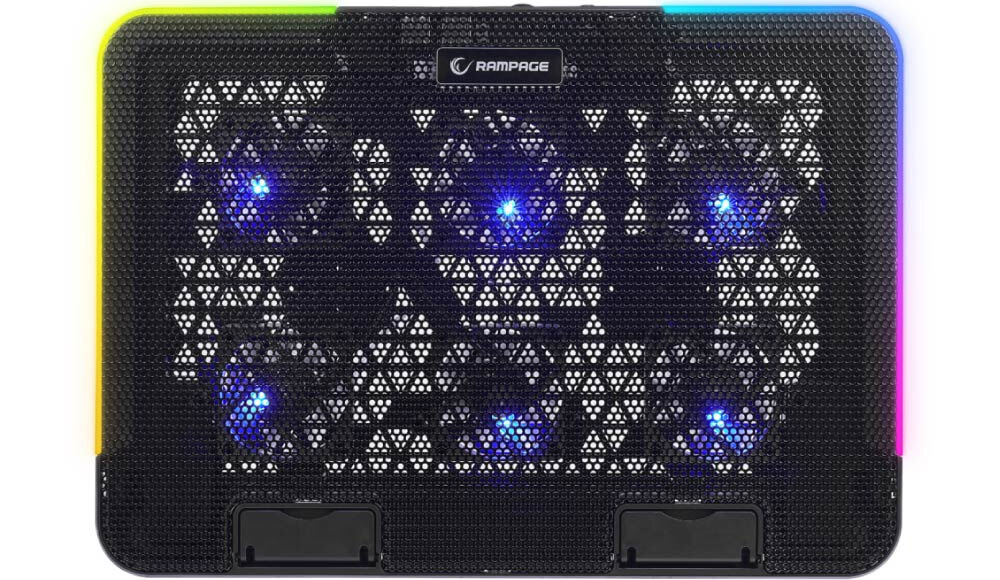 Podstawka chłodząca RAMPAGE Sixpower R9 siatka żelazna tworzywo sztuczne ciche działanie 22 dB długotrwałe użytkowanie solidna konstrukcja stabilność pewne utrzymanie elementy zapobiegające przesuwaniu