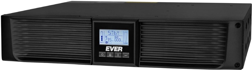 Zasilacz UPS EVER Netline RT Czarny zasilacz awaryjny w formacie rack z przednim panelem wentylacyjnym, wyświetlaczem LCD pokazującym parametry pracy i czterema przyciskami sterującymi, opis