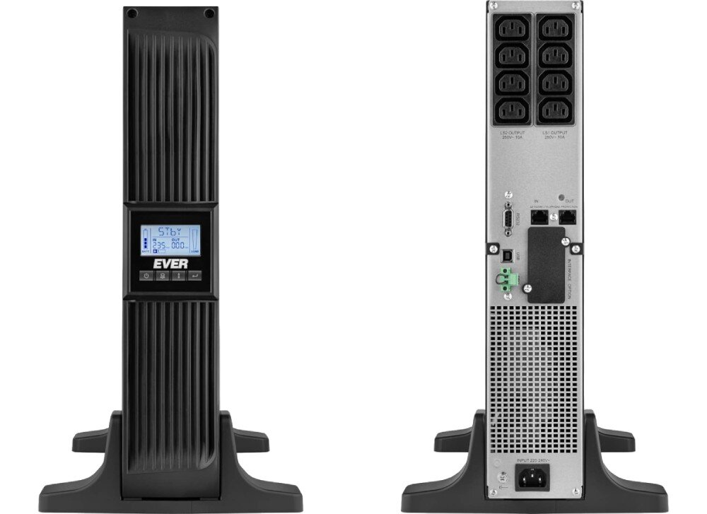 Zasilacz UPS EVER Netline RT Czarny zasilacz awaryjny ustawiony pionowo na dwóch podstawkach, z przodu wyświetlacz LCD, obok tylna część urządzenia z gniazdami IEC, portami komunikacyjnymi i złączami, moc, współczynnik mocy, przeznaczenie, topologia