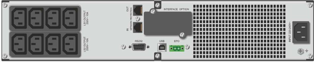 Zasilacz UPS EVER Netline RT Tylny panel zasilacza awaryjnego z ośmioma gniazdami IEC, portami RS232 i USB, złączem EPO oraz filtrami sieciowymi RJ-45, gniazda IEC320, zdalne odłączanie