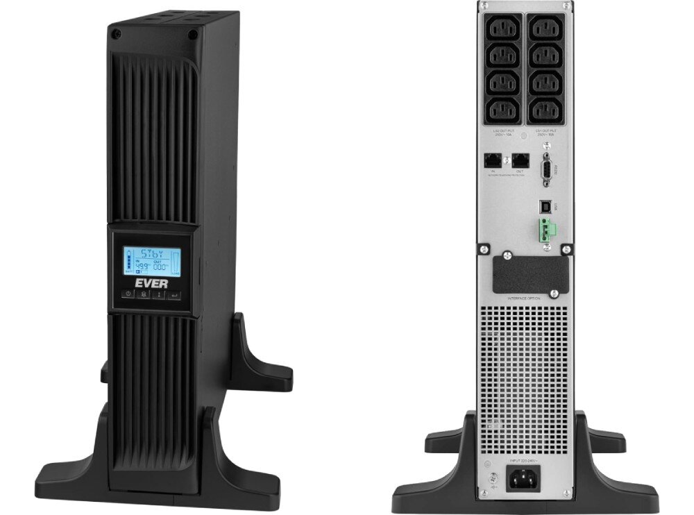 Zasilacz UPS EVER Netline RT Czarny zasilacz awaryjny ustawiony pionowo na dwóch podstawkach, z przodu wyświetlacz LCD, obok tylna część urządzenia z gniazdami IEC, portami komunikacyjnymi i złączami, moc, współczynnik mocy, przeznaczenie, topologia