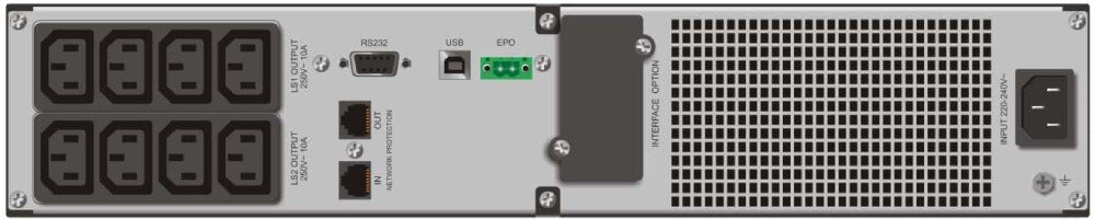 Zasilacz UPS EVER Netline RT Tylny panel zasilacza awaryjnego z ośmioma gniazdami IEC, portami RS232 i USB, złączem EPO oraz filtrami sieciowymi RJ-45, gniazda IEC320, zdalne odłączanie