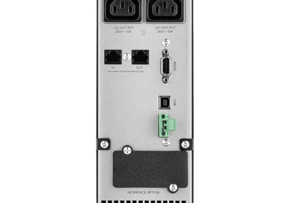 Zasilacz UPS EVER Netline RT Zbliżenie na tylny panel zasilacza awaryjnego z gniazdami IEC, portem RS232, portem USB, złączem EPO oraz gniazdami ochrony sieciowej RJ-45, podłączenie porty, wyświetlacz, oprogramowanie