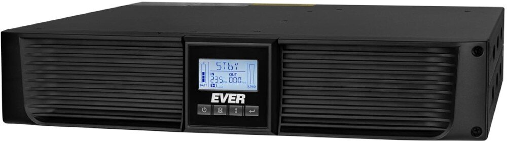 Zasilacz UPS EVER Netline RT Czarny zasilacz awaryjny w formacie rack z przednim panelem wentylacyjnym, wyświetlaczem LCD pokazującym parametry pracy i czterema przyciskami sterującymi, opis