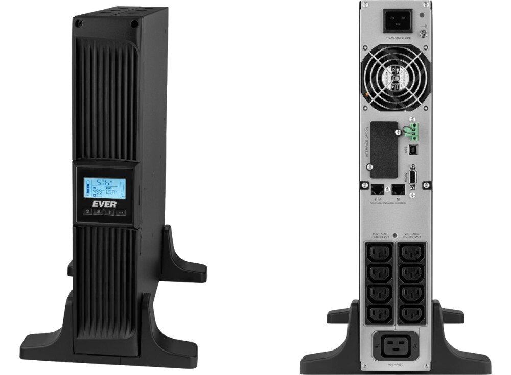 Zasilacz UPS EVER Netline RT Czarny zasilacz awaryjny ustawiony pionowo na dwóch podstawkach, z przodu wyświetlacz LCD, obok tylna część urządzenia z gniazdami IEC, portami komunikacyjnymi i złączami, moc, współczynnik mocy, przeznaczenie, topologia