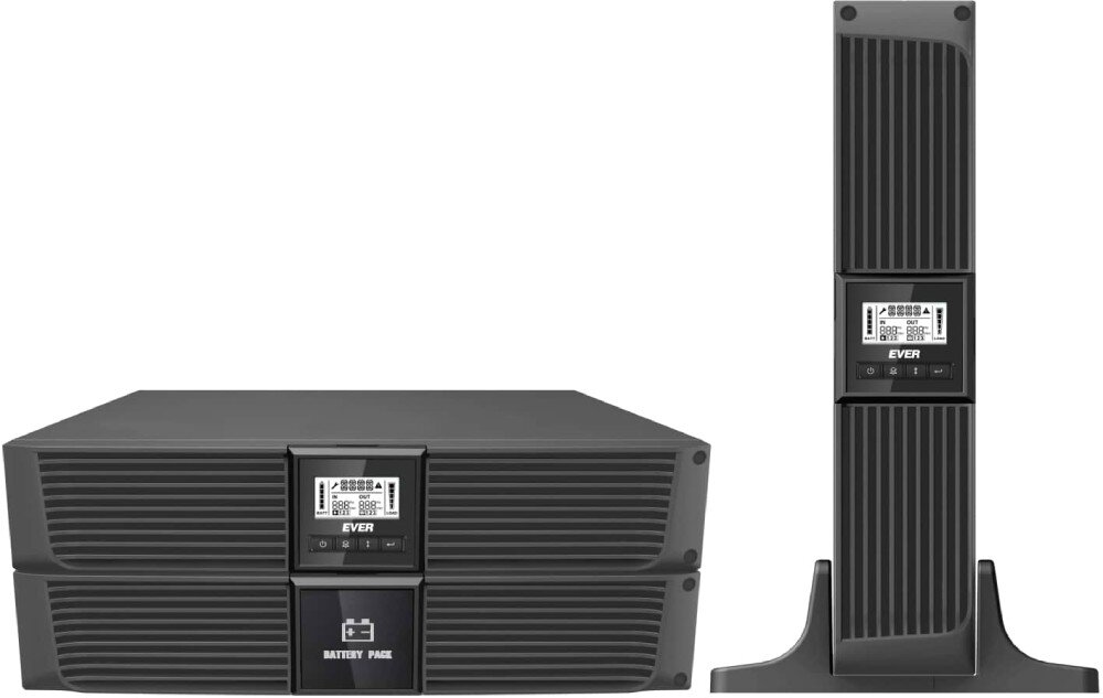 Zasilacz UPS EVER Netline RT Dwa czarne zasilacze awaryjne w konfiguracji poziomej i pionowej, z przodu wyświetlacze LCD i panel oznaczony 'Battery Pack', obudowa, wysokość, montaż, zewnętrzne moduły, czas potrzymania