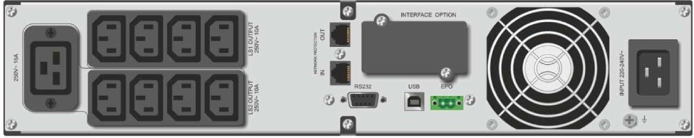 Zasilacz UPS EVER Netline RT Tylny panel zasilacza awaryjnego z ośmioma gniazdami IEC, portami RS232 i USB, złączem EPO oraz filtrami sieciowymi RJ-45, gniazda IEC320, zdalne odłączanie