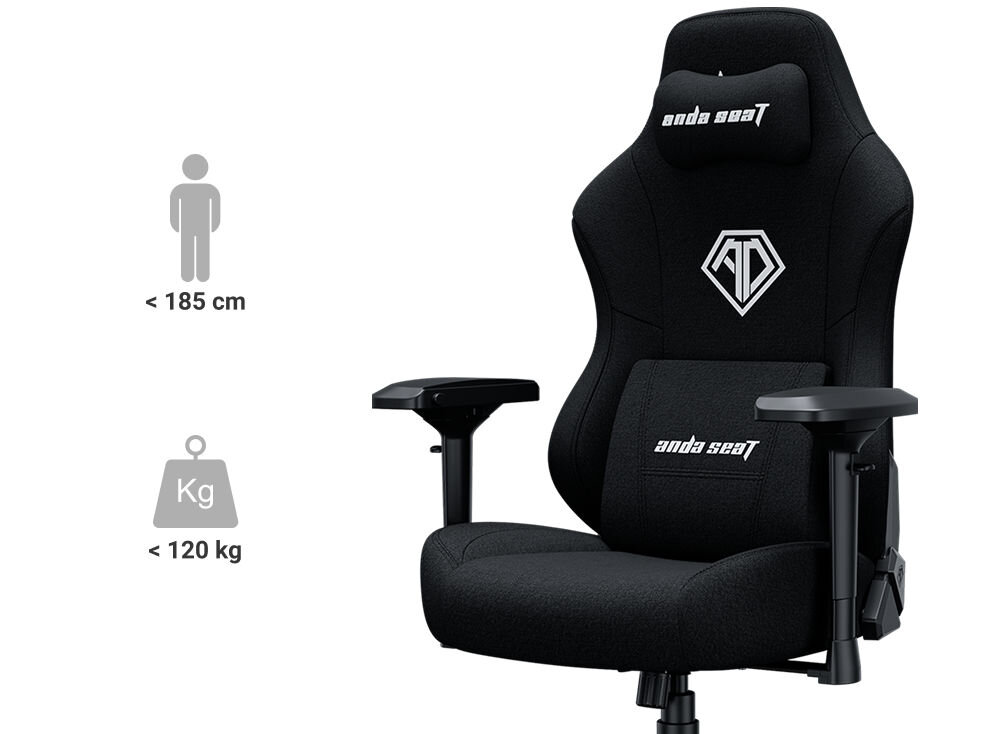 Fotel ANDA SEAT Phantom 3 Pro L Czarny prezentacja fotela na białym tle i parametrów do 185 cm do 120 kg trwałość ergonomia