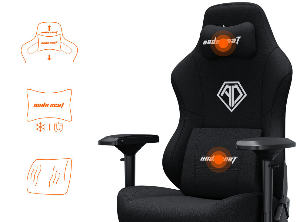 Fotel ANDA SEAT Phantom 3 Pro L Czarny prezentacja fotela i jego ergonomicznych dodatków na białym tle magnetyczna poduszka Memory Foam chłodzący wkład żelowy łagodzi napięcie dopasowanie do wzrostu poduszka lędźwiowa wsparcie kręgosłupa utrzymanie zdrowej postawy