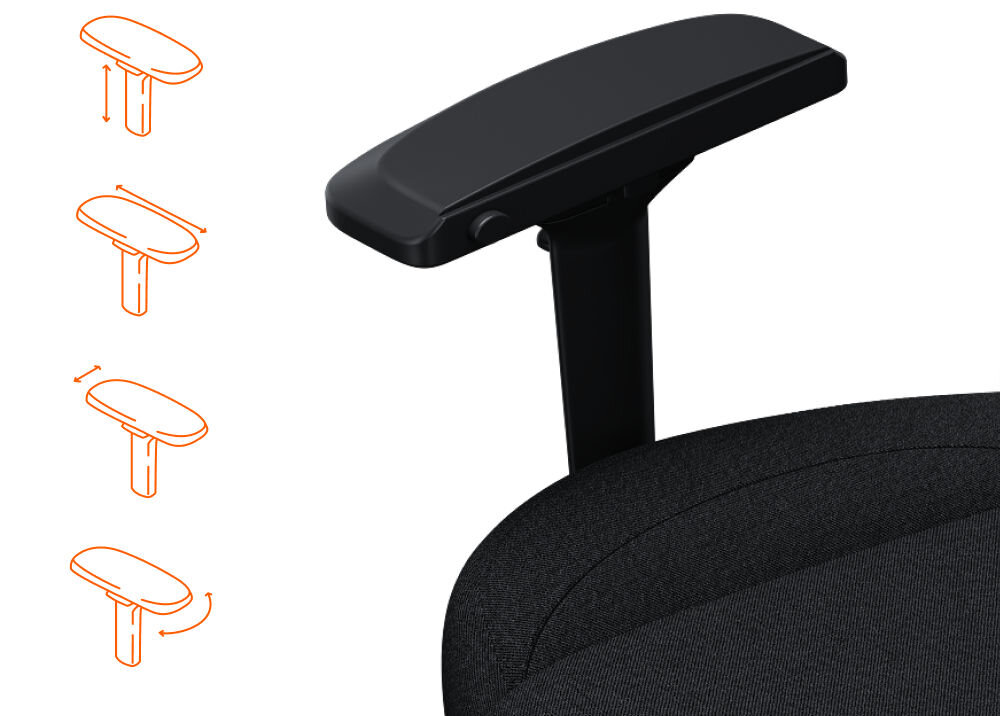 Fotel ANDA SEAT Phantom 3 Pro L Czarny zbliżenie na podłokietnik 4D pokazana możliwa regulacja na białym tle ergonomiczne podłokietniki regulacja w czterech kierunkach góra–dół, przód–tył, do wewnątrz–na zewnątrz oraz pod kątem powłoka z poliuretanu wygodne podparcie ochrona łokci i nadgarstków