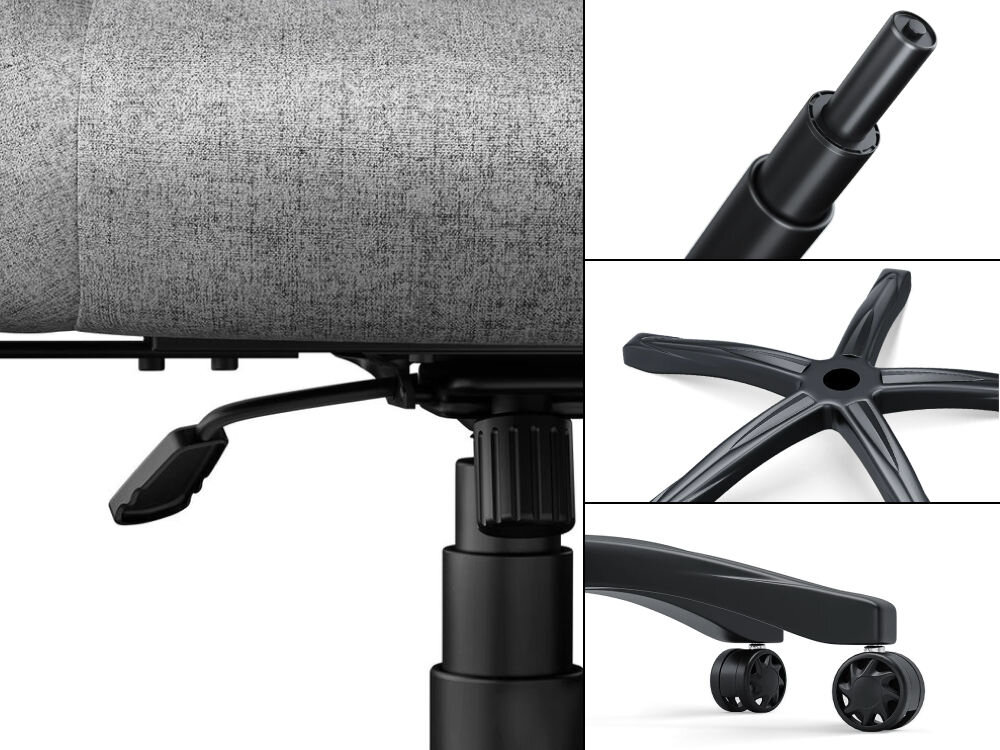 Fotel ANDA SEAT Phantom 3 Pro L Czarny zbliżenie na baze fotela kółka i gazowy podnośnik 4. klasy solidna aluminiowa baza ciche kółka z poliuretanu nie rysują podłóg bezpieczne użytkowanie