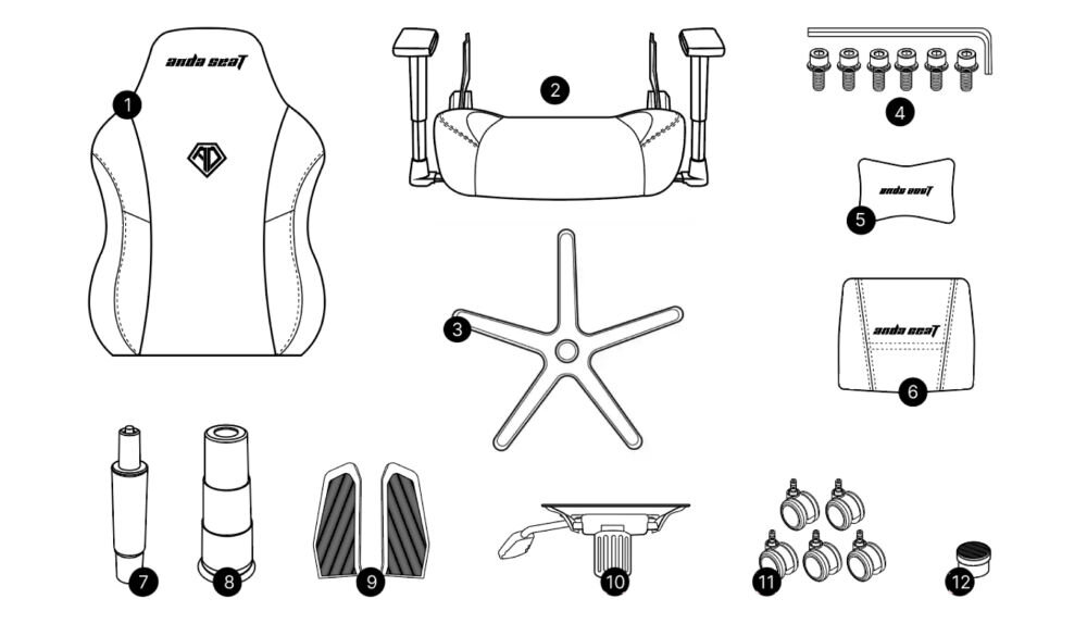 Fotel ANDA SEAT Phantom 3 Pro L Czarny pokazanie zawartości zestawu fotel zestaw śrub poduszka lędźwiowa magnetyczna poduszka na szyję