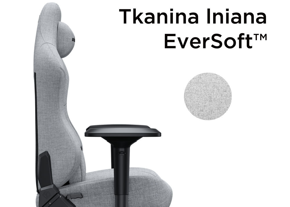 Fotel ANDA SEAT Phantom 3 Pro L Szary prezentacja fotela od boku na białym tle tkanina lniana EverSoft dwa kolory czarny i szary naturalna oddychająca tkanina lniana komfort o każdej porze roku trwałość hipoalergiczny łatwy w pielęgnacji odporny na zadrapania