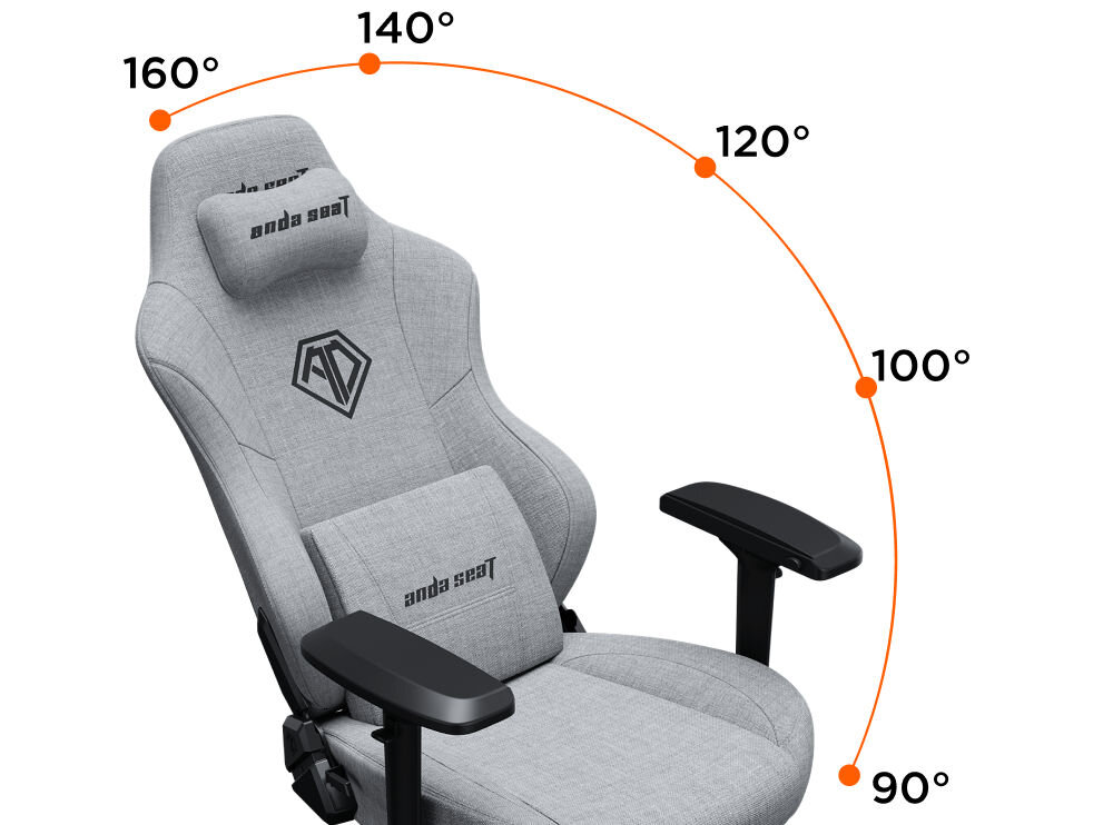 Fotel ANDA SEAT Phantom 3 Pro L Szary prezentacja fotela i jego zakresu regulacji na białym tle regulacja oparcia od 90° do 160° praca relaks mechanizm bujania zakres 5° dobrze wpływa na krążenie