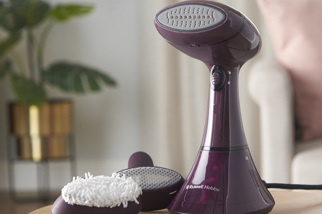 Parownica do ubrań RUSSELL HOBBS 27410-56 Steam Genie Fioletowy nakładki tkaniny tapicerki zasłony kanapy fotele