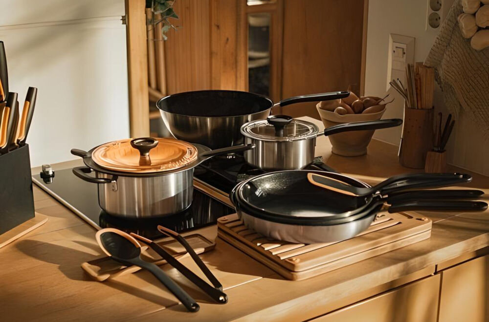 Garnek FISKARS Functional Form 1072316 22.5 cm tło kuchenne naczynia stoją na blacie patelnie garnki uchwyty pokrywki srebrne garnki do każdej kuchni