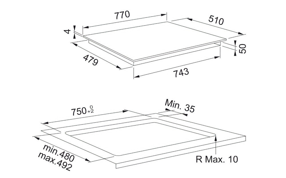 Rysunek techniczny przedstawiający wymiary płyty indukcyjnej z oznaczeniami: 770 mm, 510 mm, 479 mm, 743 mm, 50 mm, 750 mm, min. 480 mm, max. 492 mm, Min. 35 mm, R Max. 10 mm.
