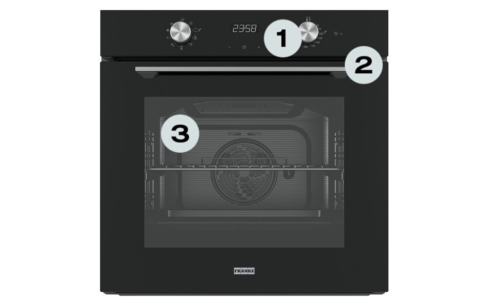 Piekarnik FRANKE Maris FMA 86 H BK 116.0606.098 Zdjęcie przedstawia piekarnik Franke z oznaczonymi trzema elementami: pokrętłami funkcji i temperatury oraz wnętrzem z wentylatorem. Numeracja wskazuje najważniejsze elementy obsługi urządzenia cyfrowy wyświetlacz stalowe detale piekarnik xxl kuchnia