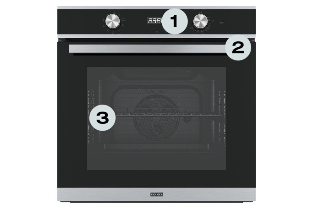 Piekarnik FRANKE Smart FSM 86 H XS Zdjęcie przedstawia piekarnik Franke z oznaczonymi trzema elementami: pokrętłami funkcji i temperatury oraz wnętrzem z wentylatorem. Numeracja wskazuje najważniejsze elementy obsługi urządzenia cyfrowy wyświetlacz stalowe detale piekarnik xxl kuchnia