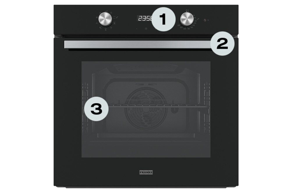 Piekarnik FRANKE Smart FSM 86 H BK Zdjęcie przedstawia piekarnik Franke z oznaczonymi trzema elementami: pokrętłami funkcji i temperatury oraz wnętrzem z wentylatorem. Numeracja wskazuje najważniejsze elementy obsługi urządzenia cyfrowy wyświetlacz stalowe detale piekarnik xxl kuchnia