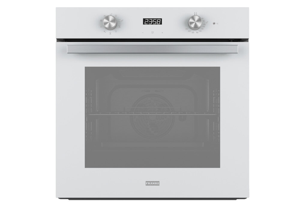 Piekarnik FRANKE Smart FSM 86 H WH Zdjęcie przedstawia piekarnik Franke z białym frontem, dużym przeszklonym oknem i srebrnym wykończeniem. Na górze znajdują się dwa pokrętła oraz wyświetlacz LED pokazujący aktualne ustawienia kuchnia serce domu inteligentne urządzenia gotowanie