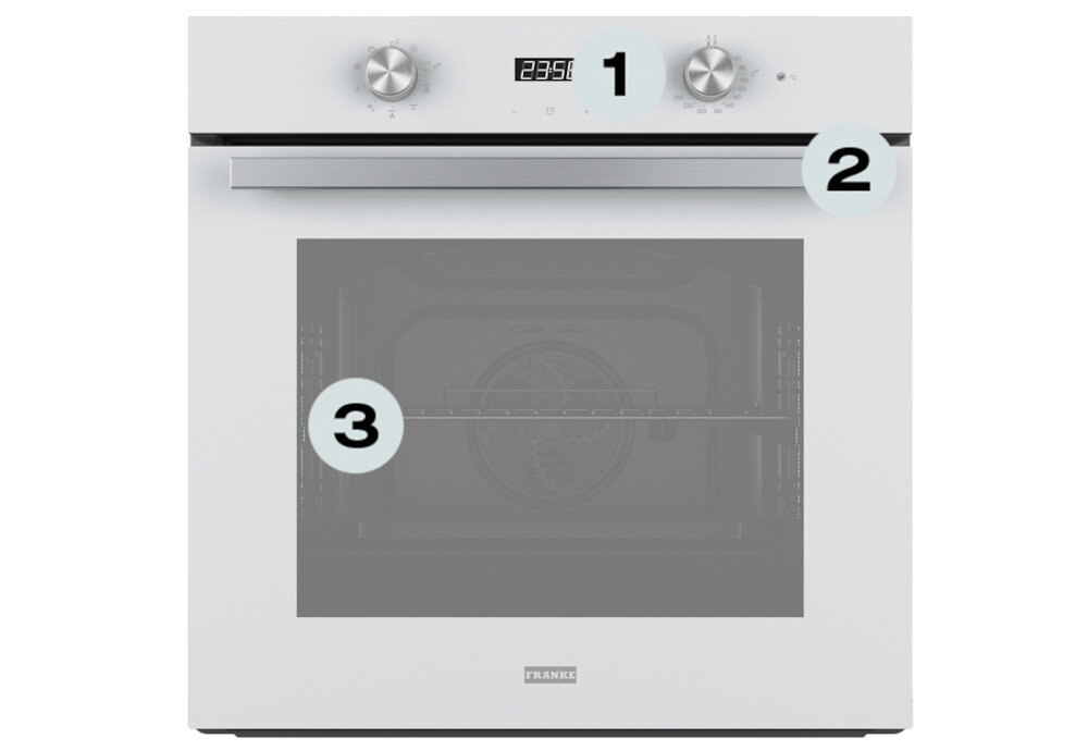 Piekarnik FRANKE Smart FSM 86 H WH Zdjęcie przedstawia piekarnik Franke z oznaczonymi trzema elementami: pokrętłami funkcji i temperatury oraz wnętrzem z wentylatorem. Numeracja wskazuje najważniejsze elementy obsługi urządzenia cyfrowy wyświetlacz stalowe detale piekarnik xxl kuchnia
