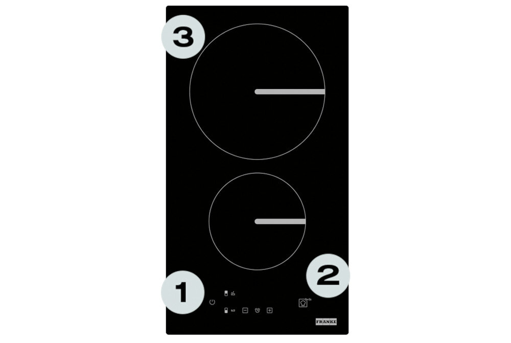 PŁYTA FRANKE Smart FSM 302 I BK Płyta indukcyjna z trzema oznaczonymi strefami: pola grzewcze i panel sterowania oznaczone numerami 1, 2 i 3. Numeracja wskazuje układ i funkcjonalne obszary urządzenia pole Flexi sterowanie slider montaż płyty kuchnia