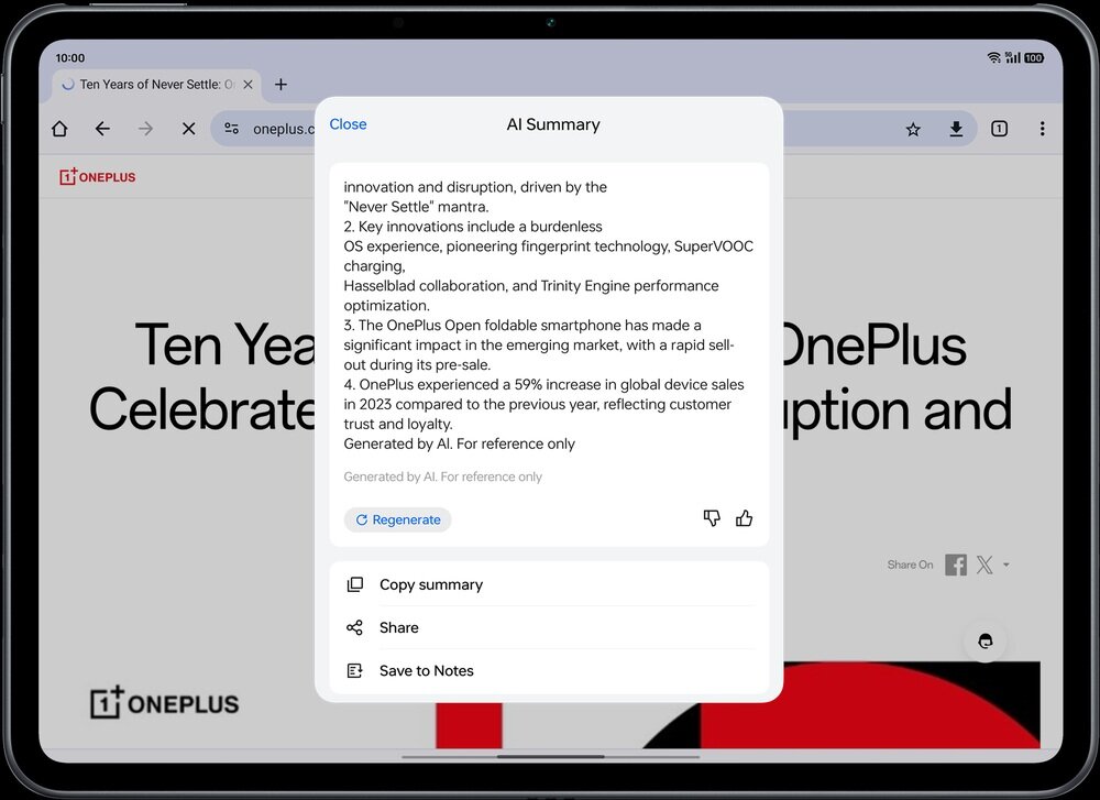 Tablet ONEPLUS Pad 2 Podsumowanie AI na ekranie