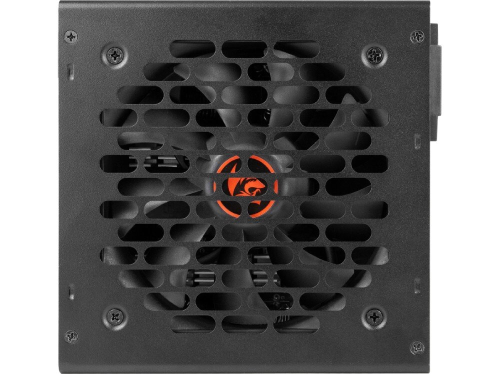 Zasilacz REDRAGON GC-PS024 Zbliżenie na górną powierzchnię zasilacza komputerowego z centralnie umieszczonym wentylatorem osłoniętym kratką. W środku widoczne logo producenta, wentylator, średnica