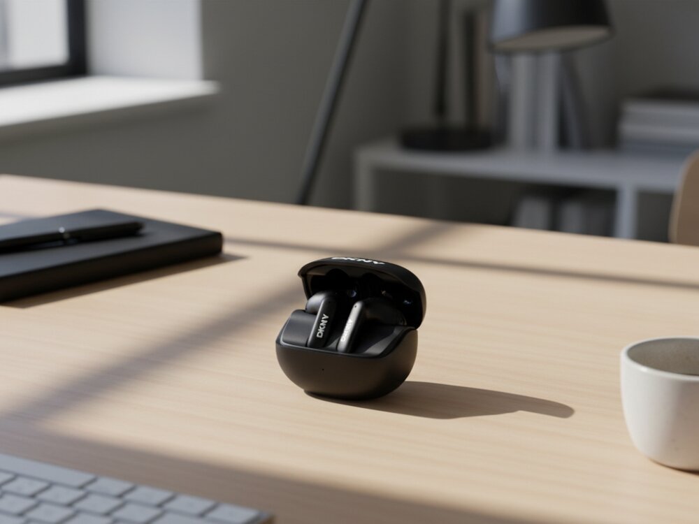 Słuchawki douszne DKNY Satiny Finish Etui DKNY z baterią 300mAh zapewniające do 26 godzin muzyki, etui ładujące z słuchawkami leżące na stole