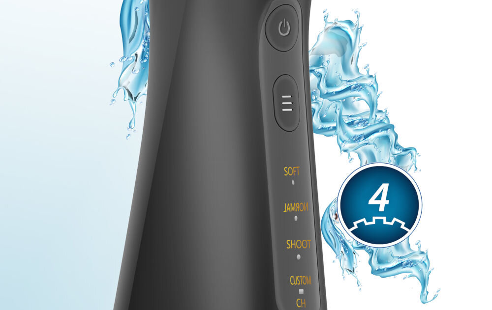 Irygator BERDSEN ClearJet X6 cztery różne tryby pracy tryb normal dla codziennego użytku optymalna siła irygacji tryb soft delikatny tryb pulse 1400 impulsów na minutę custom 8 poziomów ciśnienia