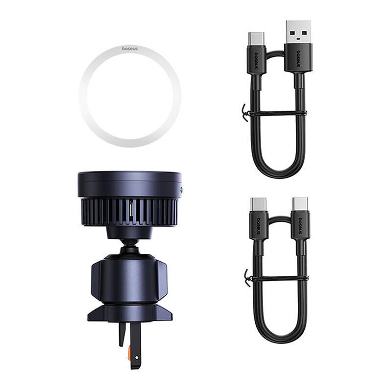 Na obrazie widoczny jest czarny uchwyt samochodowy z ładowarką indukcyjną oraz dwa kable USB z logo \'baseus\'. Obok znajduje się biały pierścień z napisem \'baseus\'.
