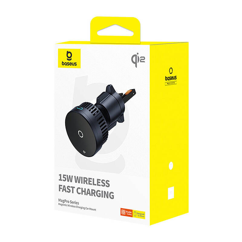 Opakowanie produktu z logo \'baseus\' i napisem \'15W WIRELESS FAST CHARGING\'. Widoczny jest obraz uchwytu samochodowego z ładowarką indukcyjną.