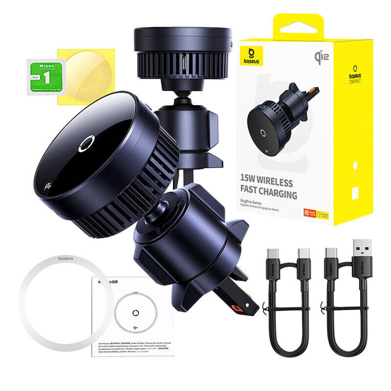 Na obrazie widoczny jest czarny uchwyt samochodowy z ładowarką indukcyjną oraz opakowanie z napisem \'15W Wireless Fast Charging\'. Obok znajdują się dwa kable USB-C, okrągły element montażowy i instrukcja obsługi.