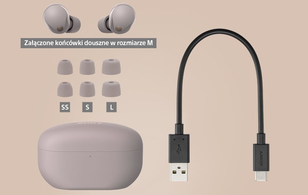 Słuchawki dokanałowe SONY WF1000XM5B.CE7 dźwięk moc łączność szumy redukcja szumów hałas głośność zakres częstotliwość waga zasilanie ładowanie złącze port wtyczka działanie etui smartfon sterowanie wygoda muzyka