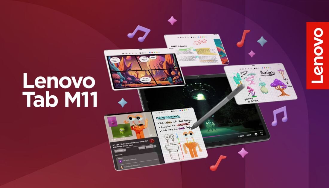 Obraz przedstawia tablet z rysikiem oraz kilka ekranów z aplikacjami, w tym notatki i komiksy. Widoczny jest napis \'Lenovo Tab M11\' oraz logo Lenovo.