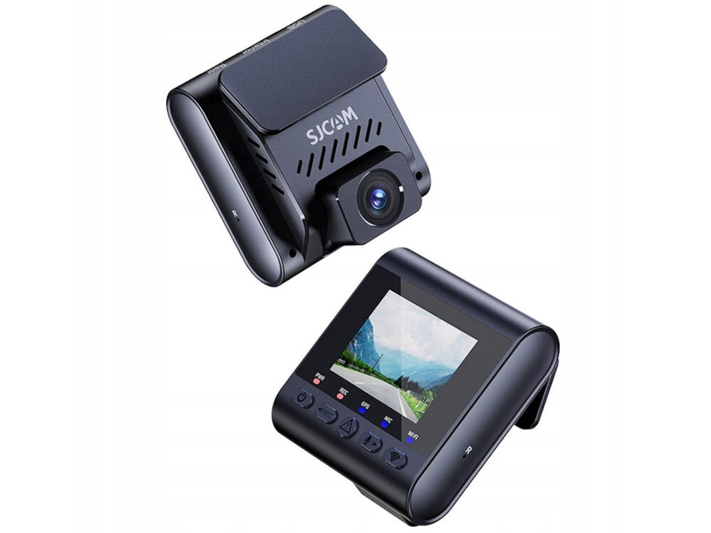 SJCAM M60 Ekran o przekątnej 2.0 podgląd nagrań w czasie rzeczywistym przeglądanie zapisanych filmów rozdzielczości 320x240 pikseli - wideorejestrator na białym tle od przodu i od tylu