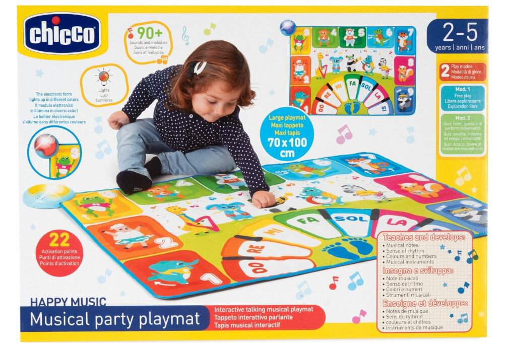 Mata edukacyjna CHICCO Happy Music 00011855000000 prezent, który zapewni dziecku radość z nauki i zabawy wita dziecko wesołą melodią