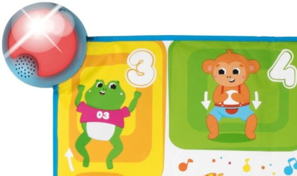 Mata edukacyjna CHICCO Happy Music 00011855000000 zabawka edukacyjna, która rozwija zmysł słuchu, zmysł dotyku,
dużą motorykę oraz koordynację ruchową różnorodne dźwięki i kolory możliwość naśladowania ruchów
zwierząt